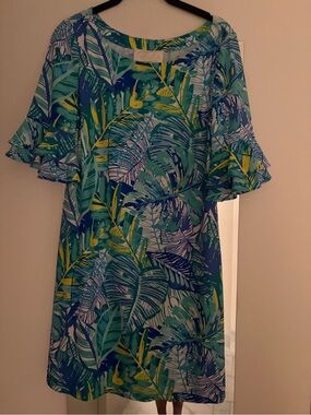 Pappagallo Tropical Leaf Mini Dress in Blue, Green & Yellow